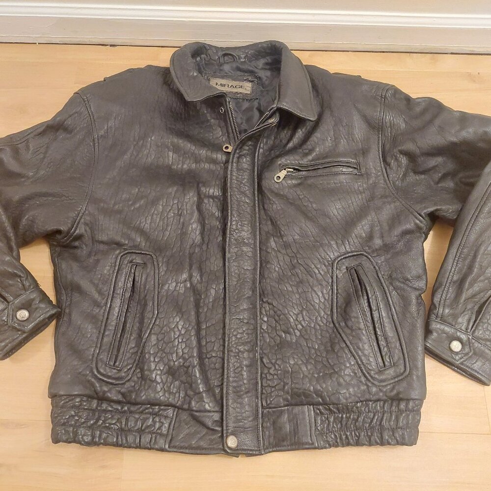 90s Mirage Mens Black Snake Skin Embossed Leather Bomber Jacket Classic XL